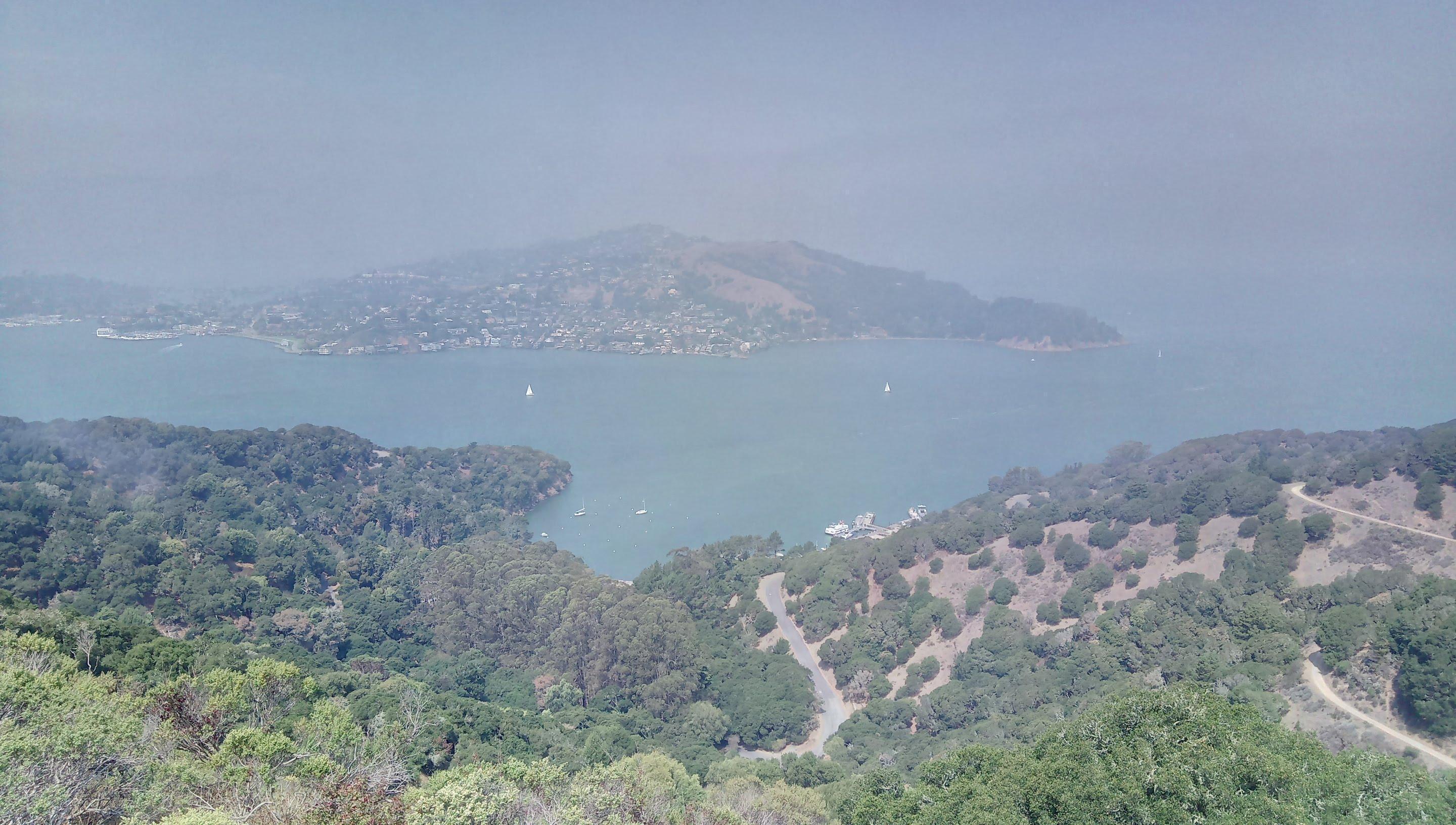 Smog and fog start to clear. Ayala Cove and Tiburon peninsula