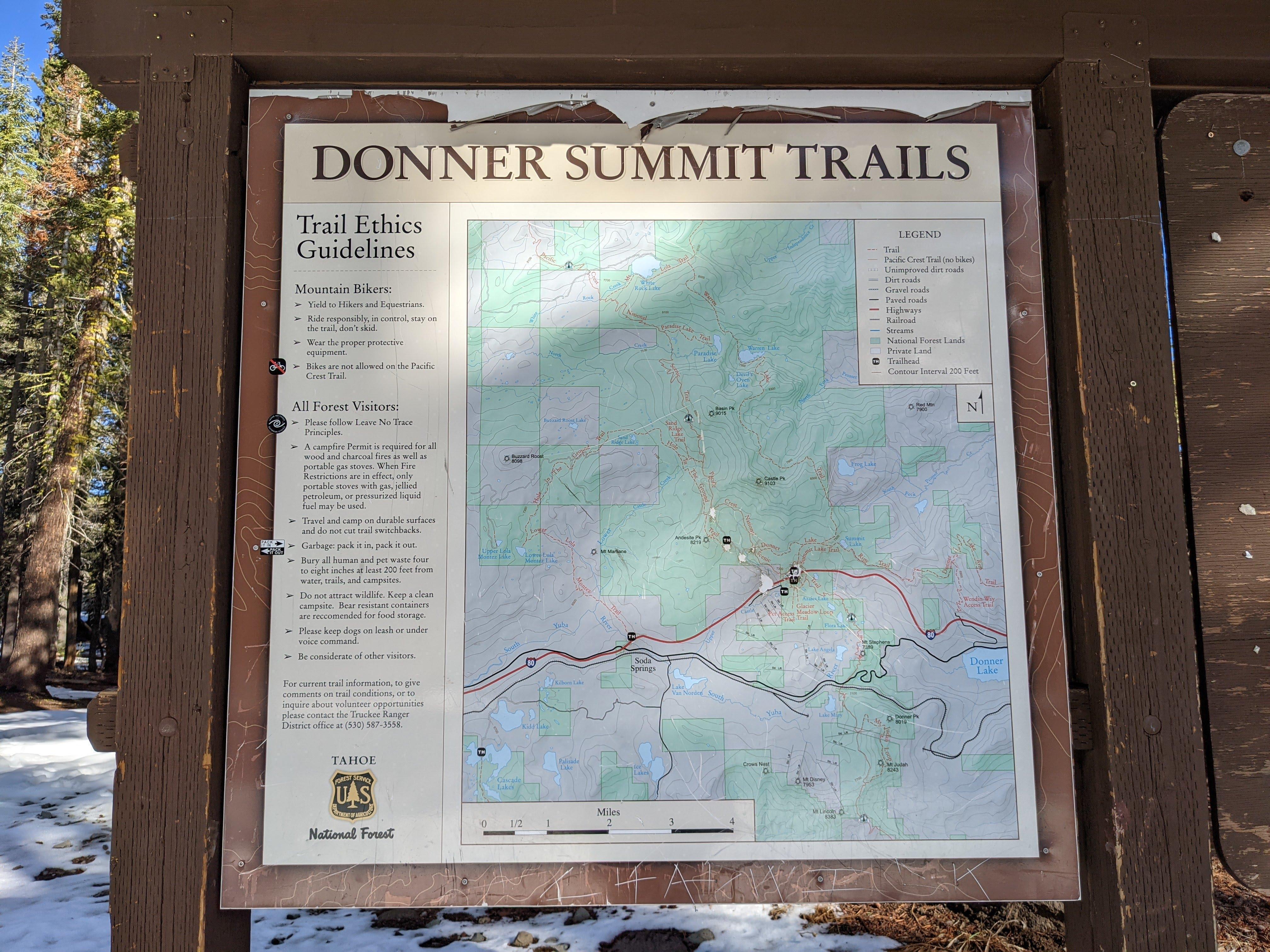 Donner Summit trails plaque near the trailhead. I&rsquo;m heading to the Castle Peak