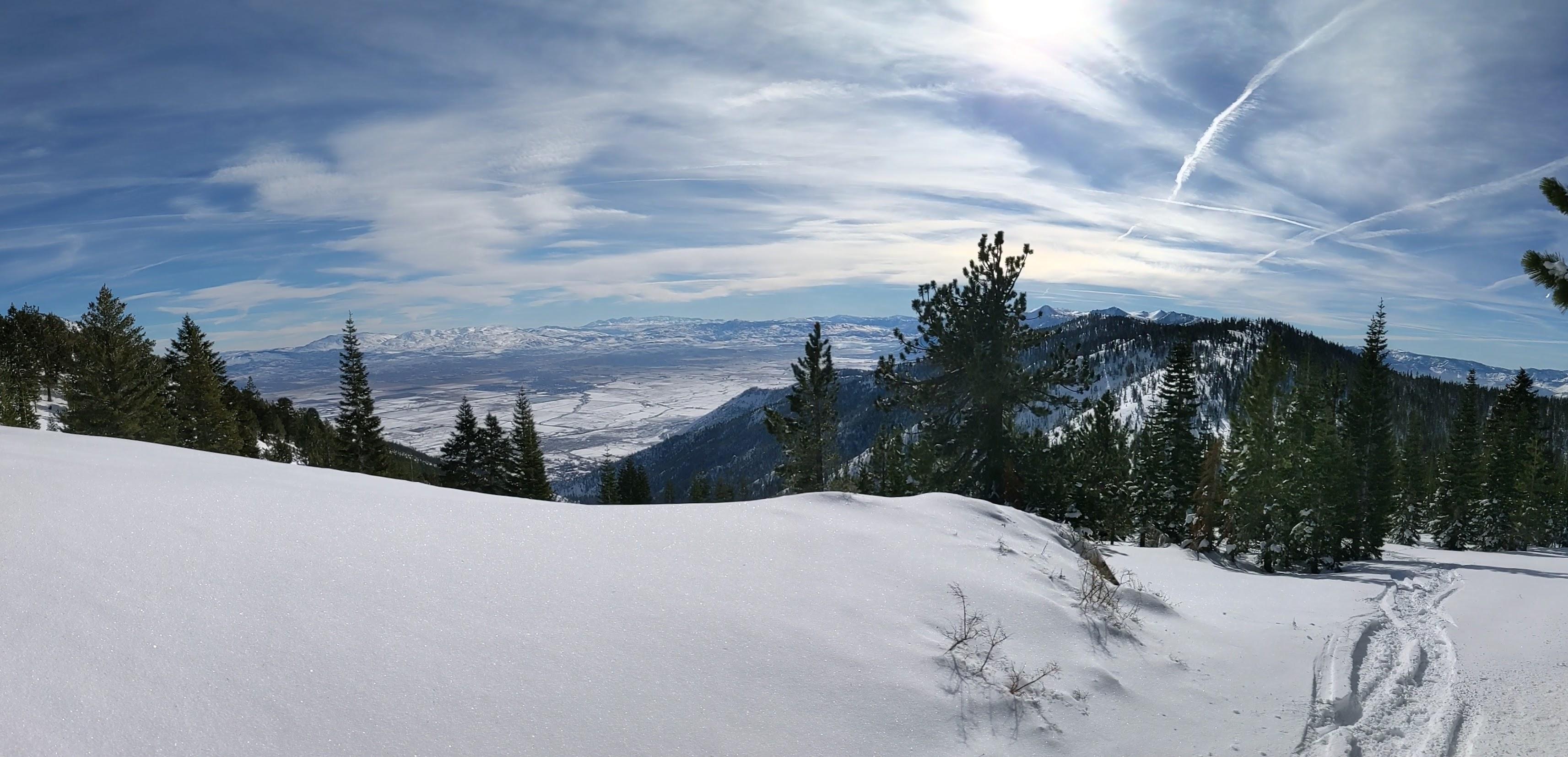 Genoa, NV can be seen in the valley to the east of the ridge