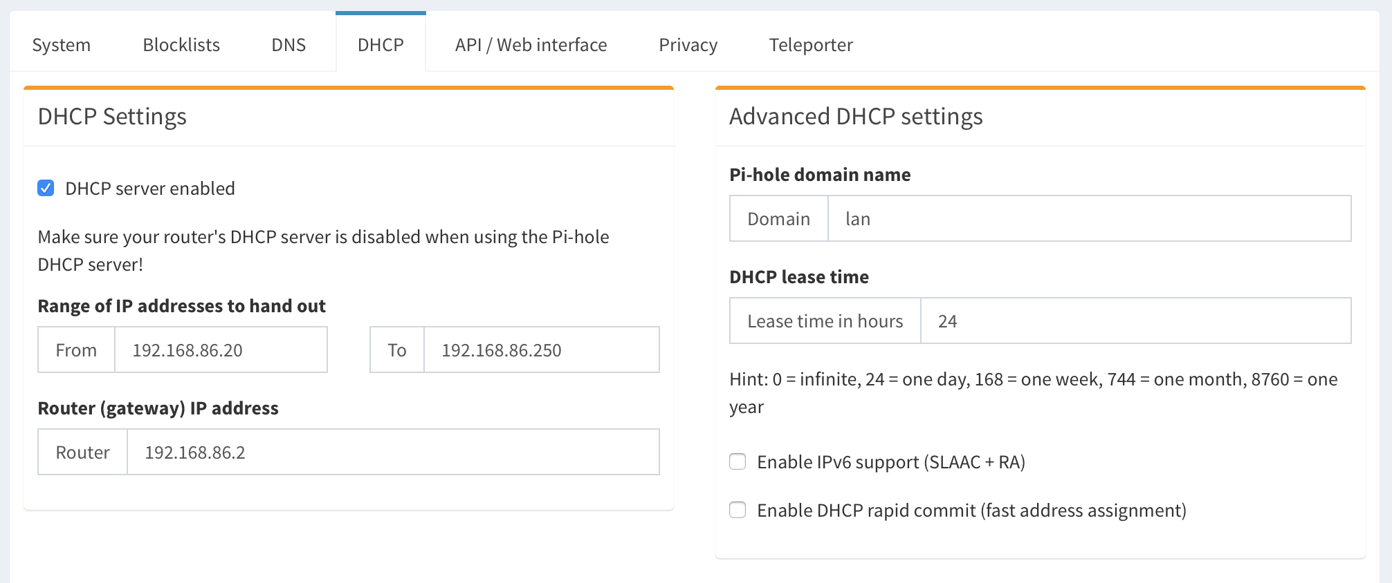 Pi-hole DHCP settings